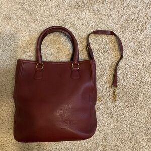 J.CREW BURGUNDY PEBBLED LEATHER LAPTOP TRAVEL TOTE.